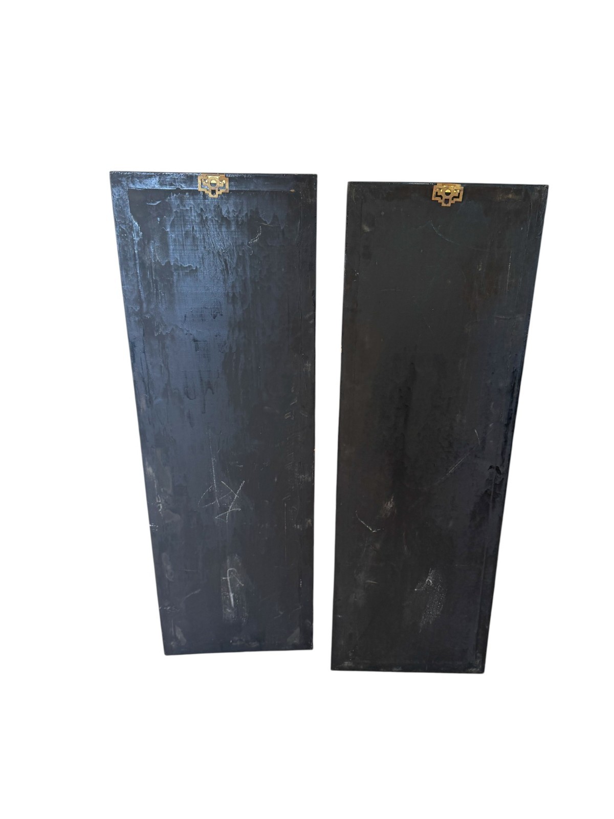 Vintage Chinese Black Lacquer Wall Panels 12x36 Mother of Pearl Inlay Set of 2