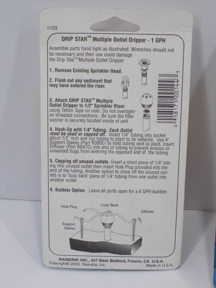 6 NEW RAINDRIP R144C 1 GPH DRIP STAR MULTIPLE OUTLET DRIPPER FOR 1/2" RISER