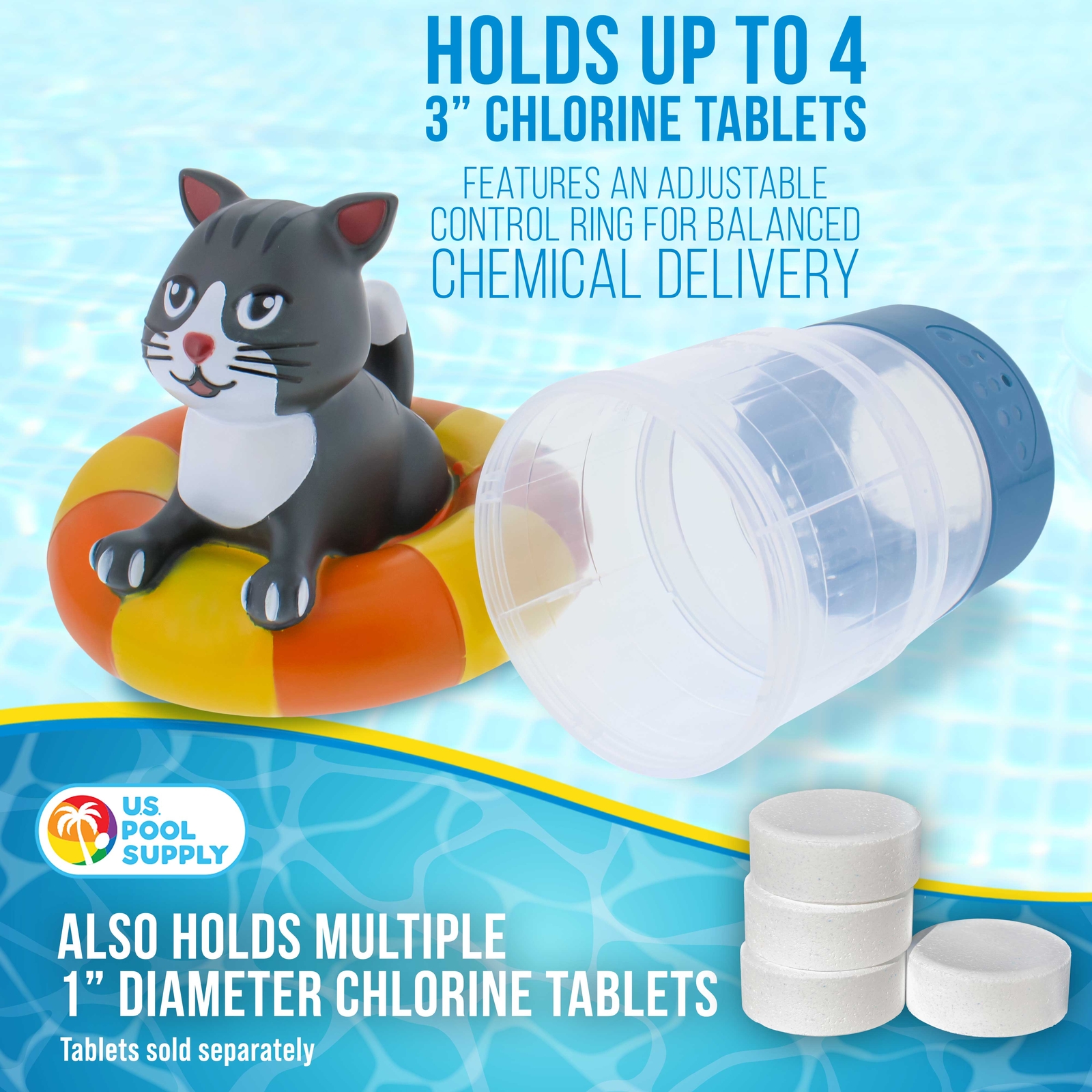 U.S. Pool Supply Kitty Cat Floating Pool Dispenser, Holds 3" Tablets