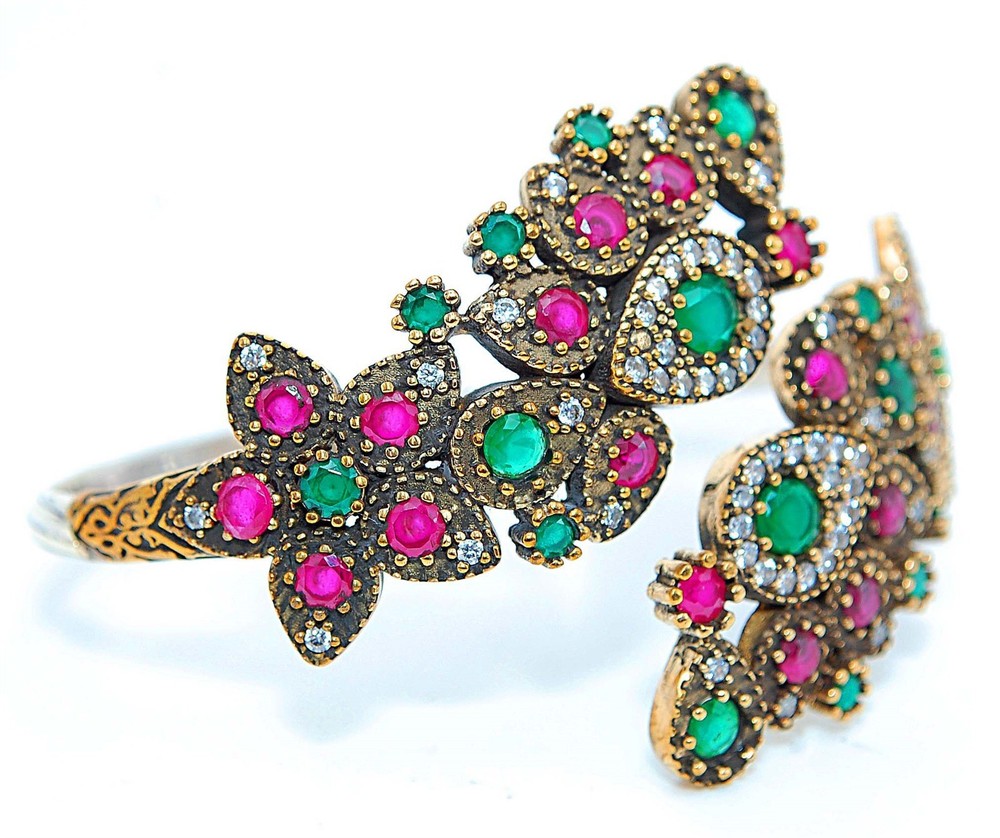 Ottoman Empire Style 8CT Treated Ruby 925 Sterling Silver Bracelet