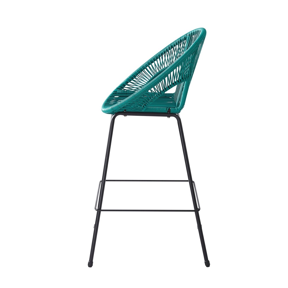2 Teal & Black Patio Bar Stool Set, Faux Rattan Wicker, UV Resistant
