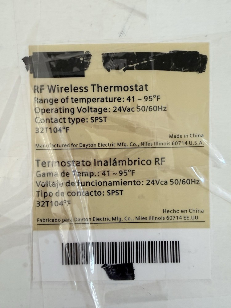 Dayton 1UHG7 RF Wireless Thermostat Programmable Push Button 24V Heat Cool