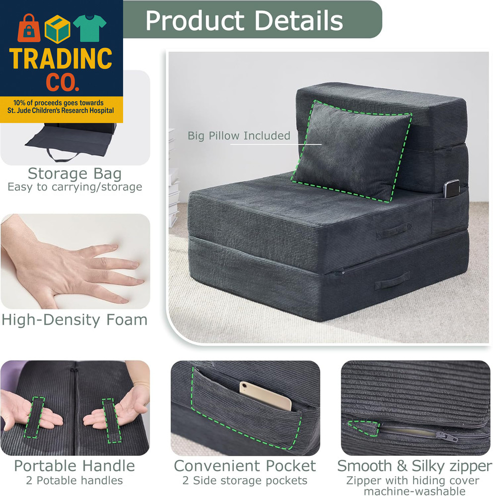 Folding Sof Bed, 4 in 1 Convertible Sleeper Chir with Pillow, Single Memory Fom
