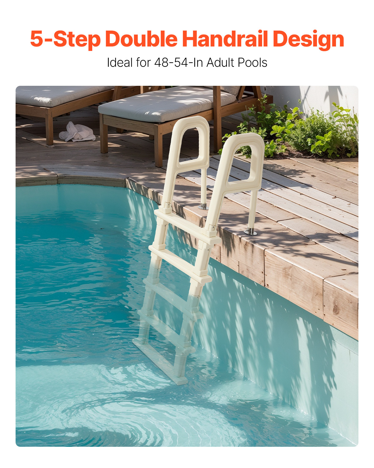 Inclined Pool Ladder 5-Step & 2 Handrails of 300 lb Capacity for 48-54 In Pools