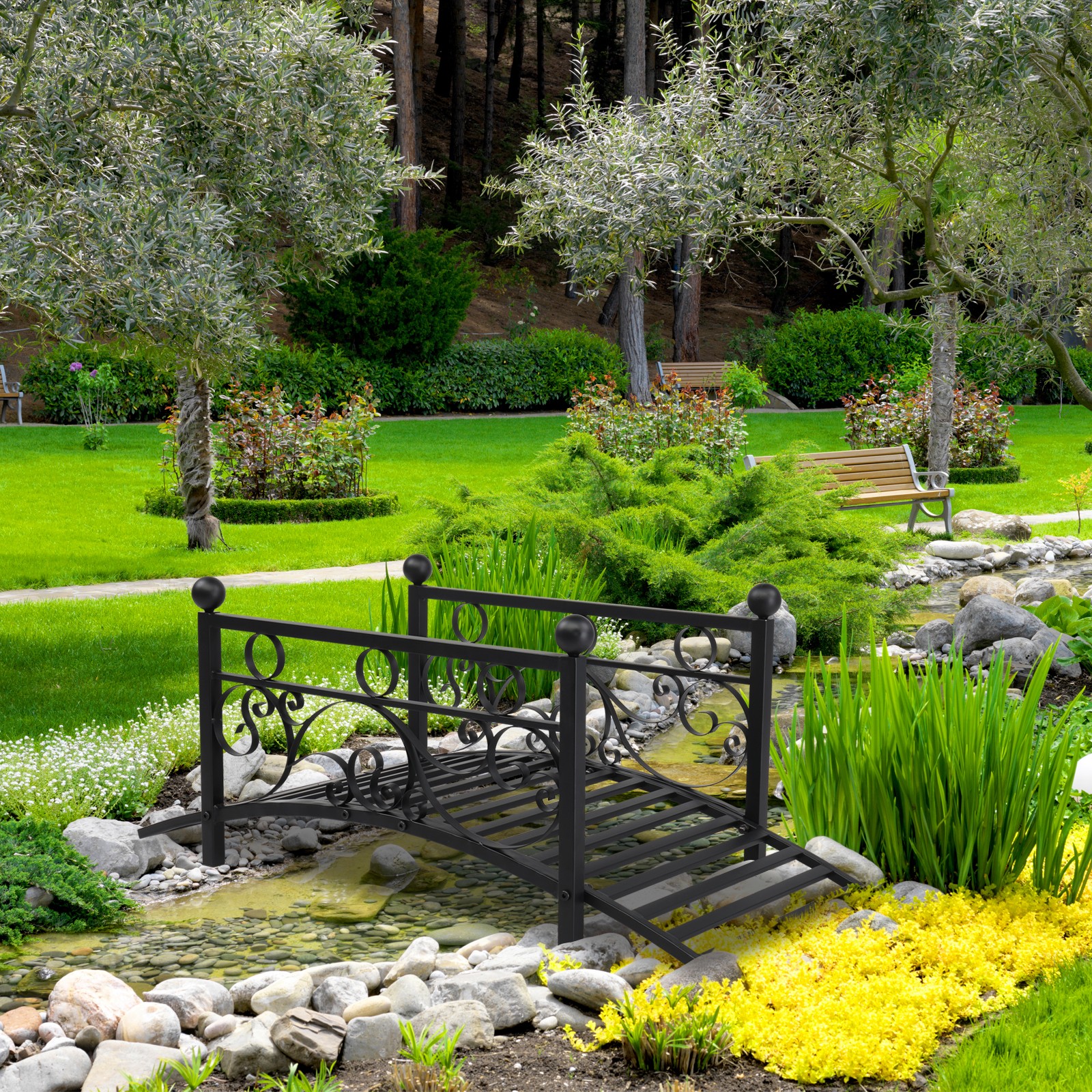 102L x 51W x 43H Classic Metal Garden Bridge Arc Footbridge with Safety Railings