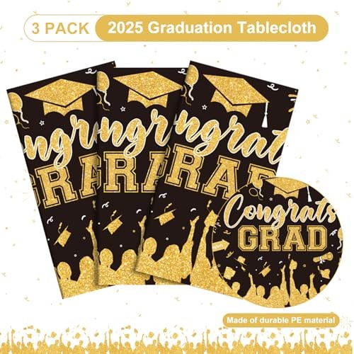 3 Pack Plastic Graduation Tablecloth, Graduation Black Gold Graduation