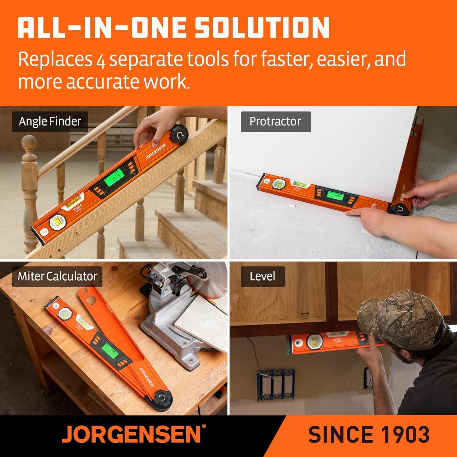JORGENSEN Digital Multi Angle Finder Tool w/Backlit LCD Protractor Digital Level