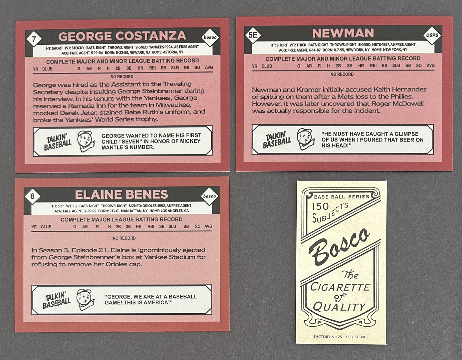 (4) SEINFELD George Costanza, Newman, Elaine & Kramer Custom Trading Cards Gift