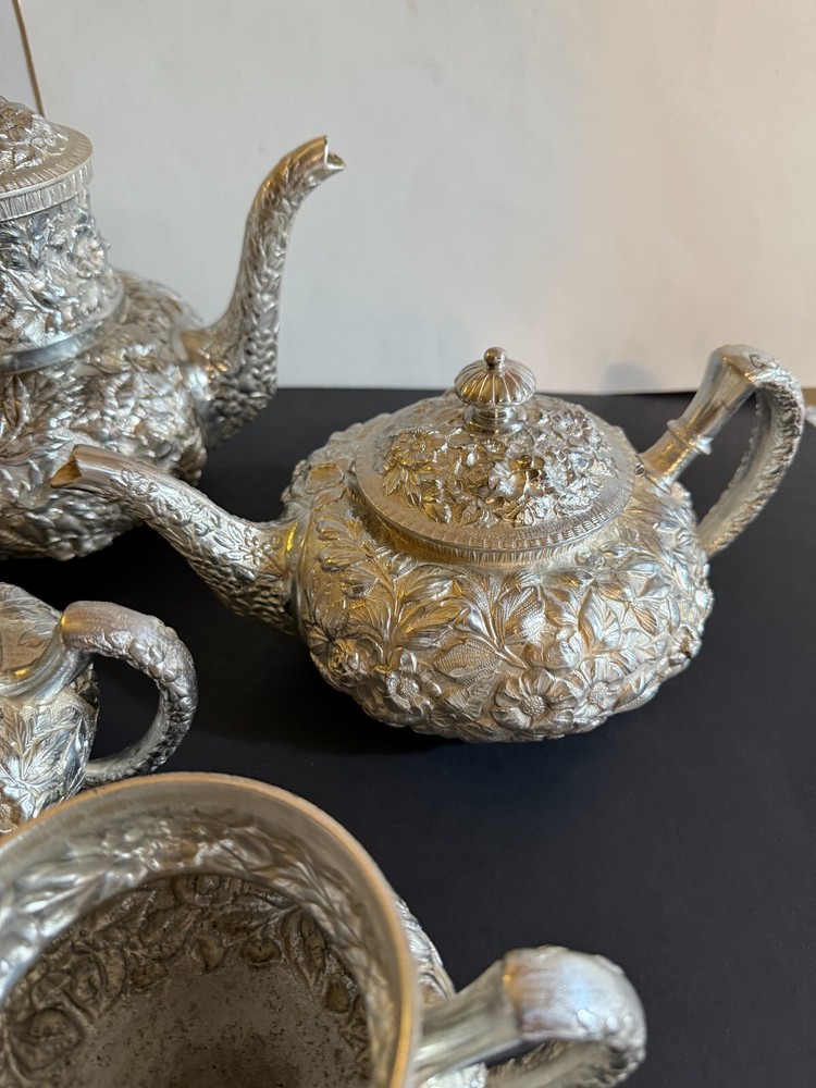 Rare American Quadruple Plate Repousse Five Piece Tea Set