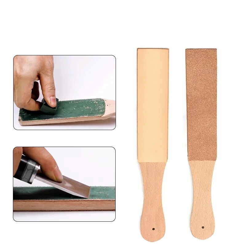 1Pcs Leather Sharpening Wood Handle Strop Tool Double Sided + Polish Compound