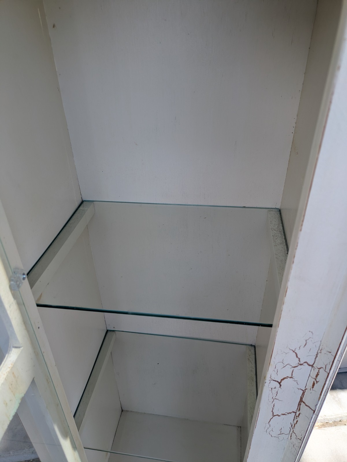 Vintage Shabby Chic French Country Cottage White Curio Display Cabinet Iron Legs