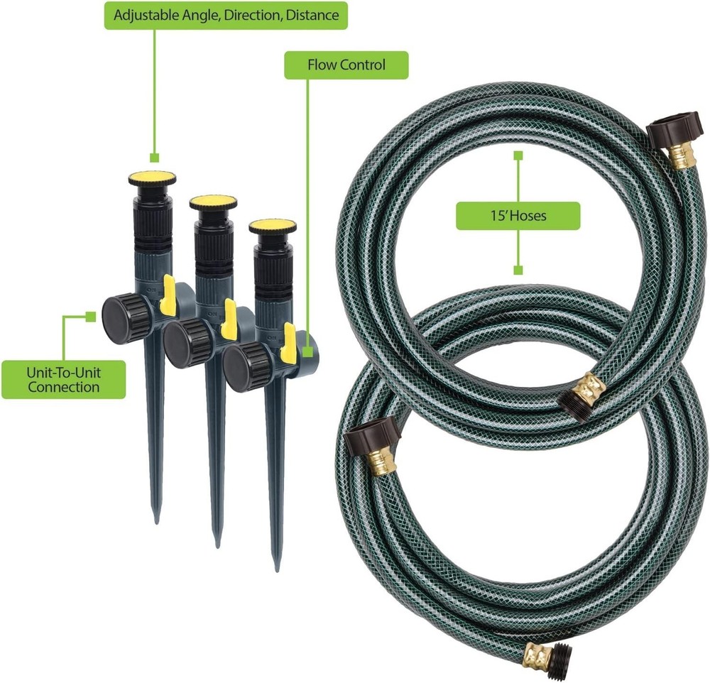 Adjustable Sprinkler Set 3-Piece Hose Bundle with Quick Connect Green Yellow