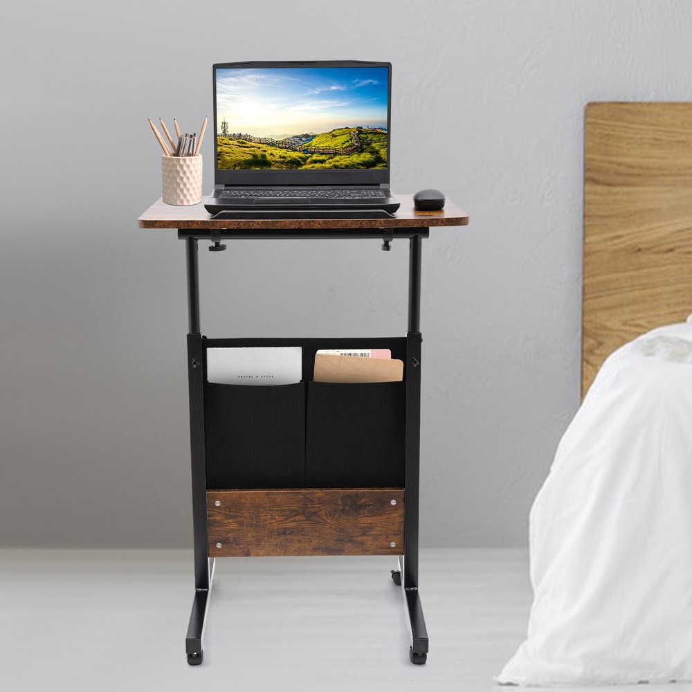 Adjustable Standing Desk, Portable Laptop Desk, Rolling Computer Stand, Brown