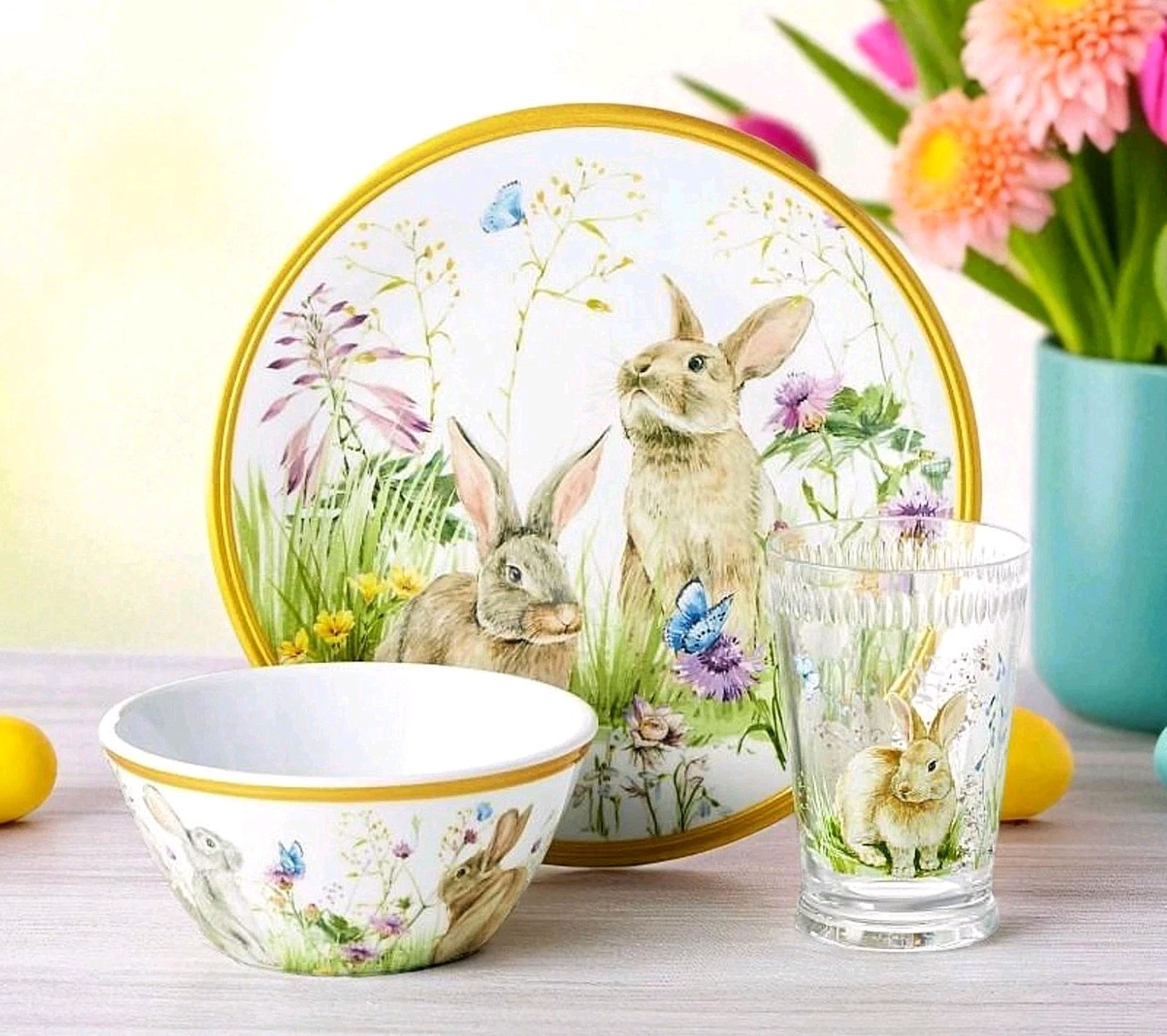 Williams Sonoma Kids 3 PC Floral Meadow Easter Bunny Dinner Set NIB Rabbit