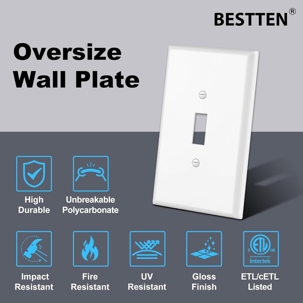Bates- Light Switch Plates, 10 Pack, Oversize 5.5" x 3.5", White Light Switch