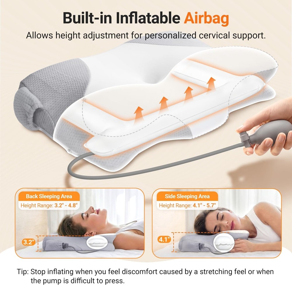 Inflatable Cervical Neck Pillow for Sleeping with Adjustable Support, Ergonom...
