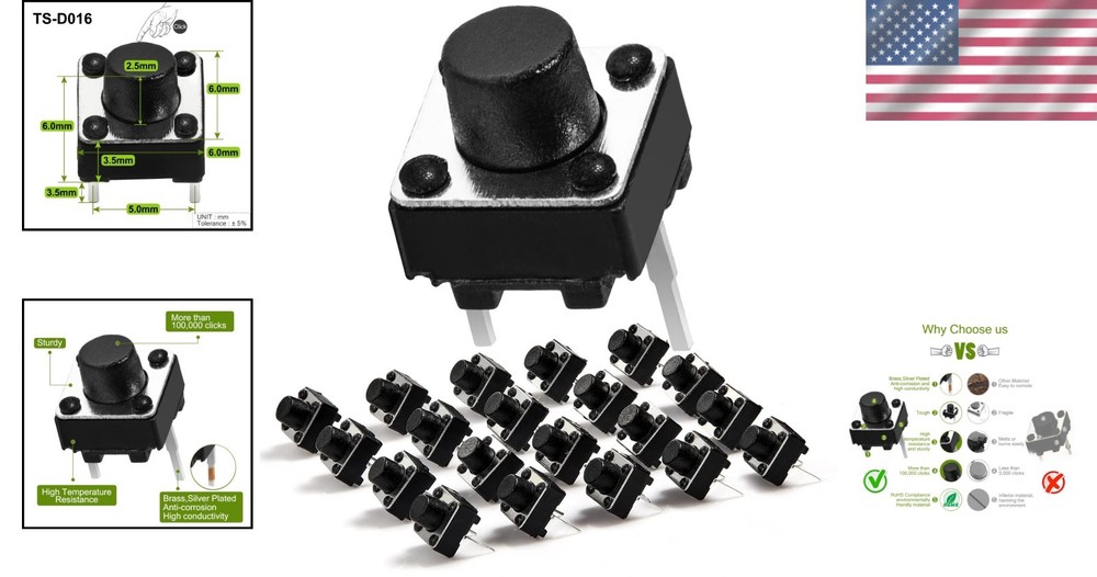 20-Pack Tactile Push Button Switch 6x6mm for Arduino & Electronics Projects