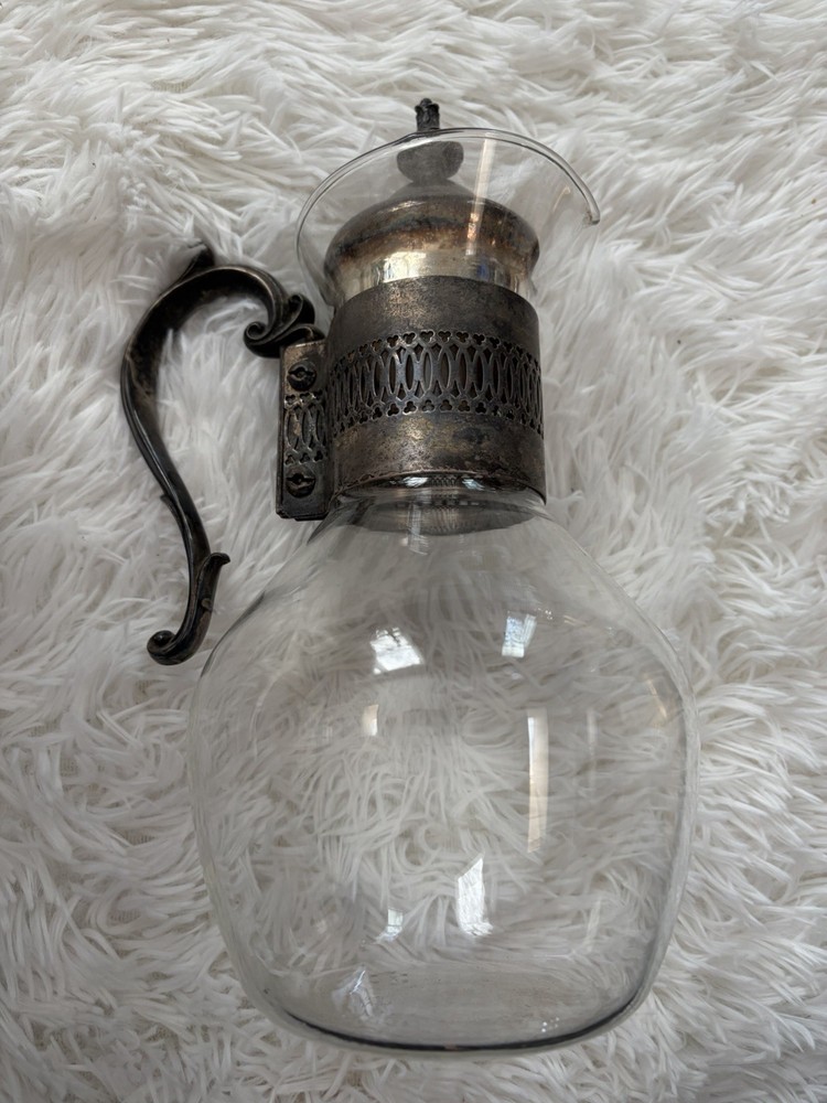 Vintage Chill-It Glass Pitcher Silverplate Mount Missing Ice Insert