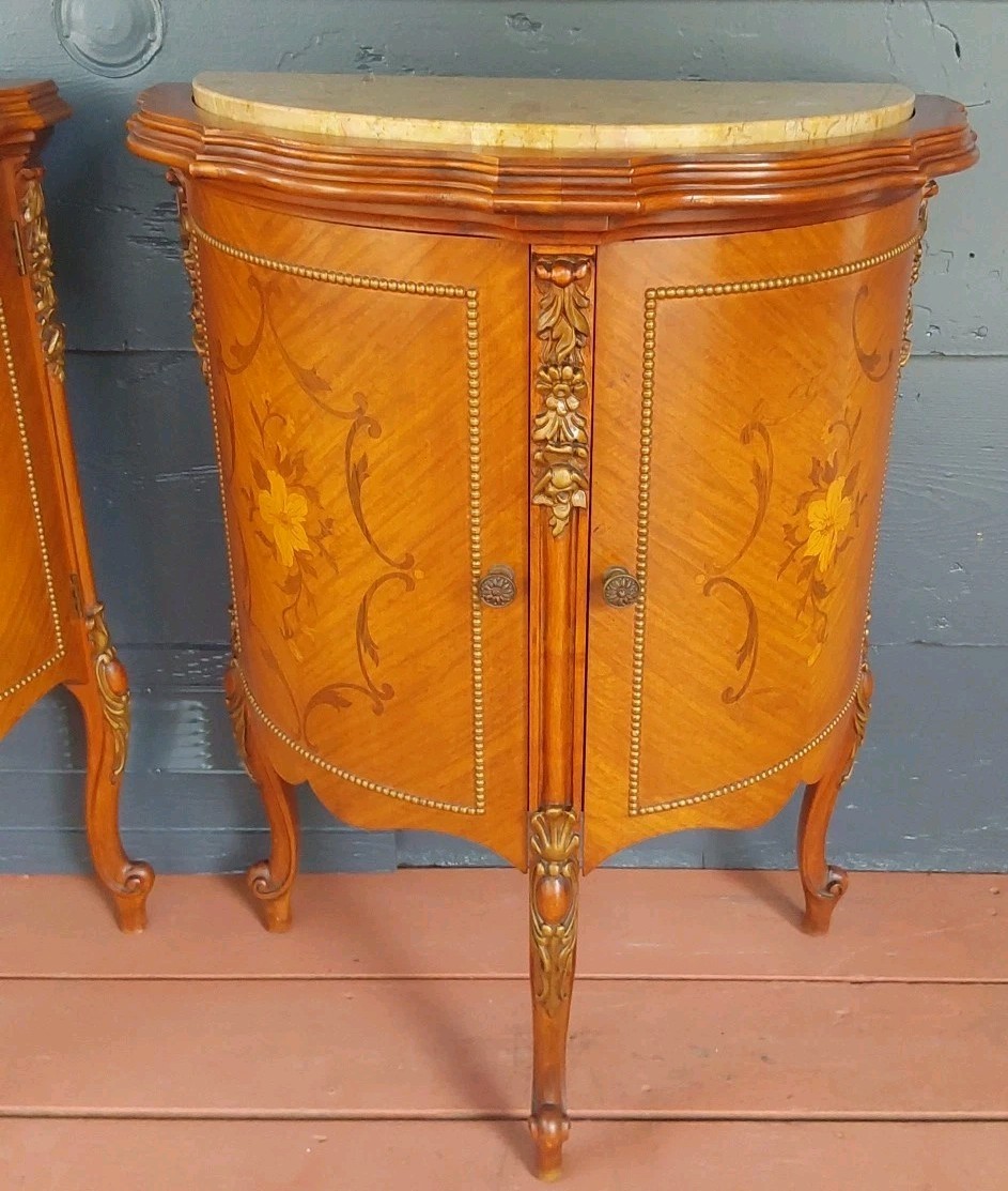 Vintage French Demilune Inlayed Wood End Tables w/Marble Tops 30 Tall X 23" Wide