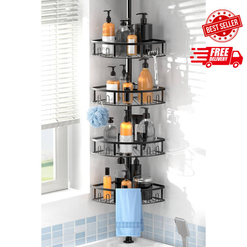 Rustproof 4-Tier Corner Shower Caddy with Adjustable Tension Pole - Black