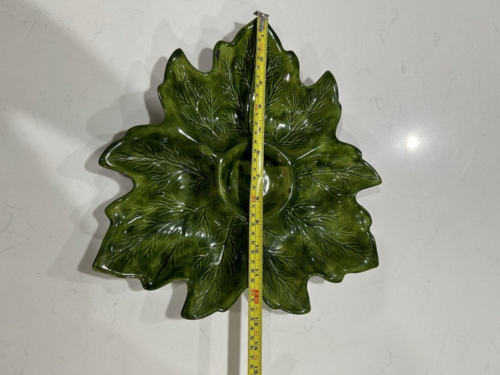 Handmade Leaf Vegetable Serving Tray 12”Stoneware Pottery Green