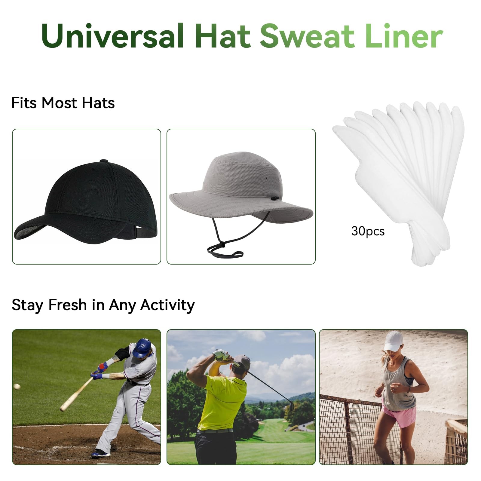30Pcs Hat Sweat Liner for Baseball Cap, Absorbent Pads Hats, White