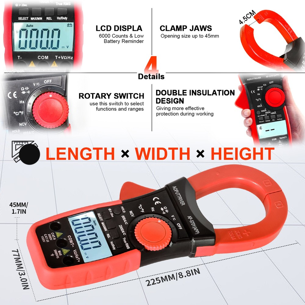 Digital Clamp Meter Multimeter TRMS 60A-1000A AC/DC Current Voltage Amp Tester