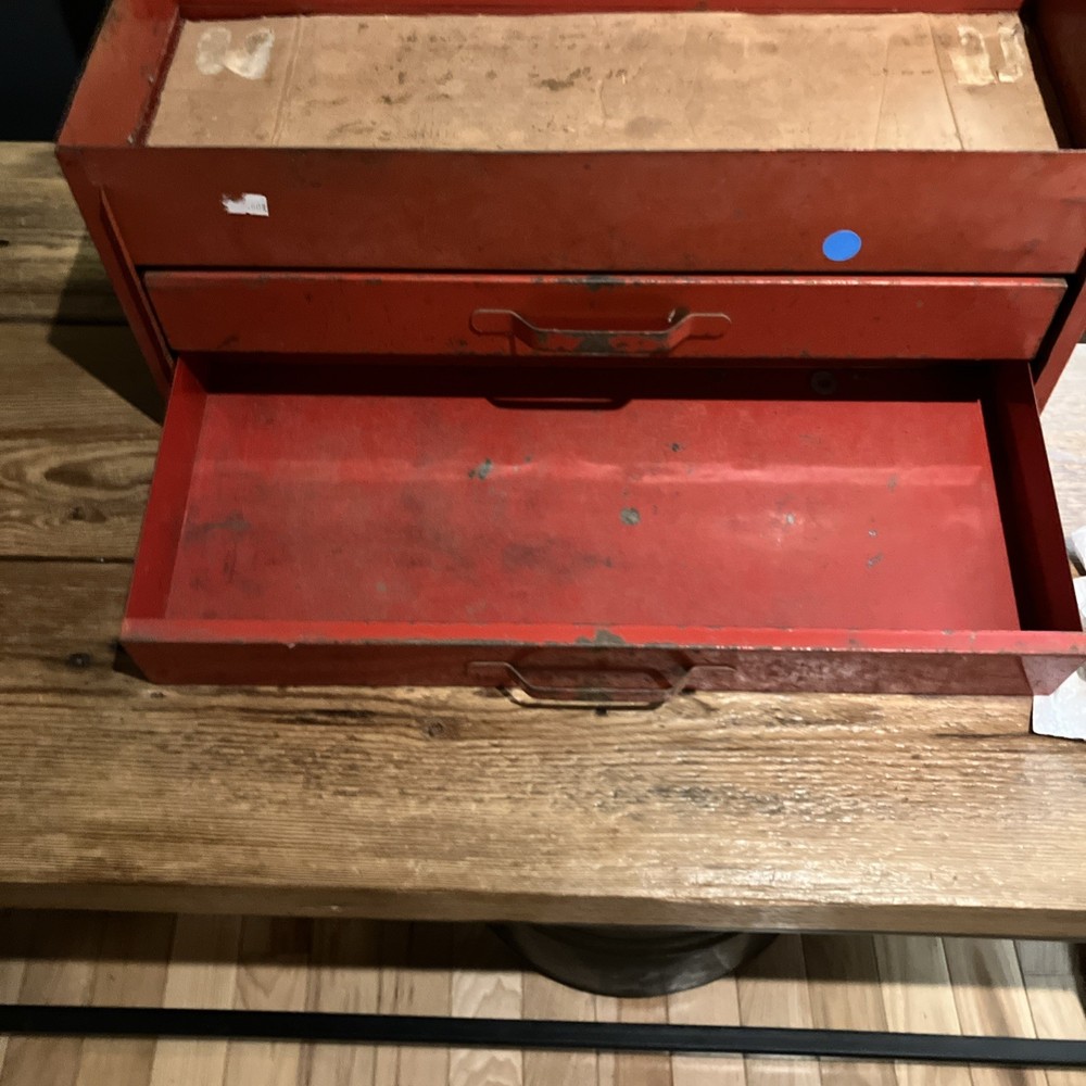 Red Metal Vintage Locking Tool Box With Key