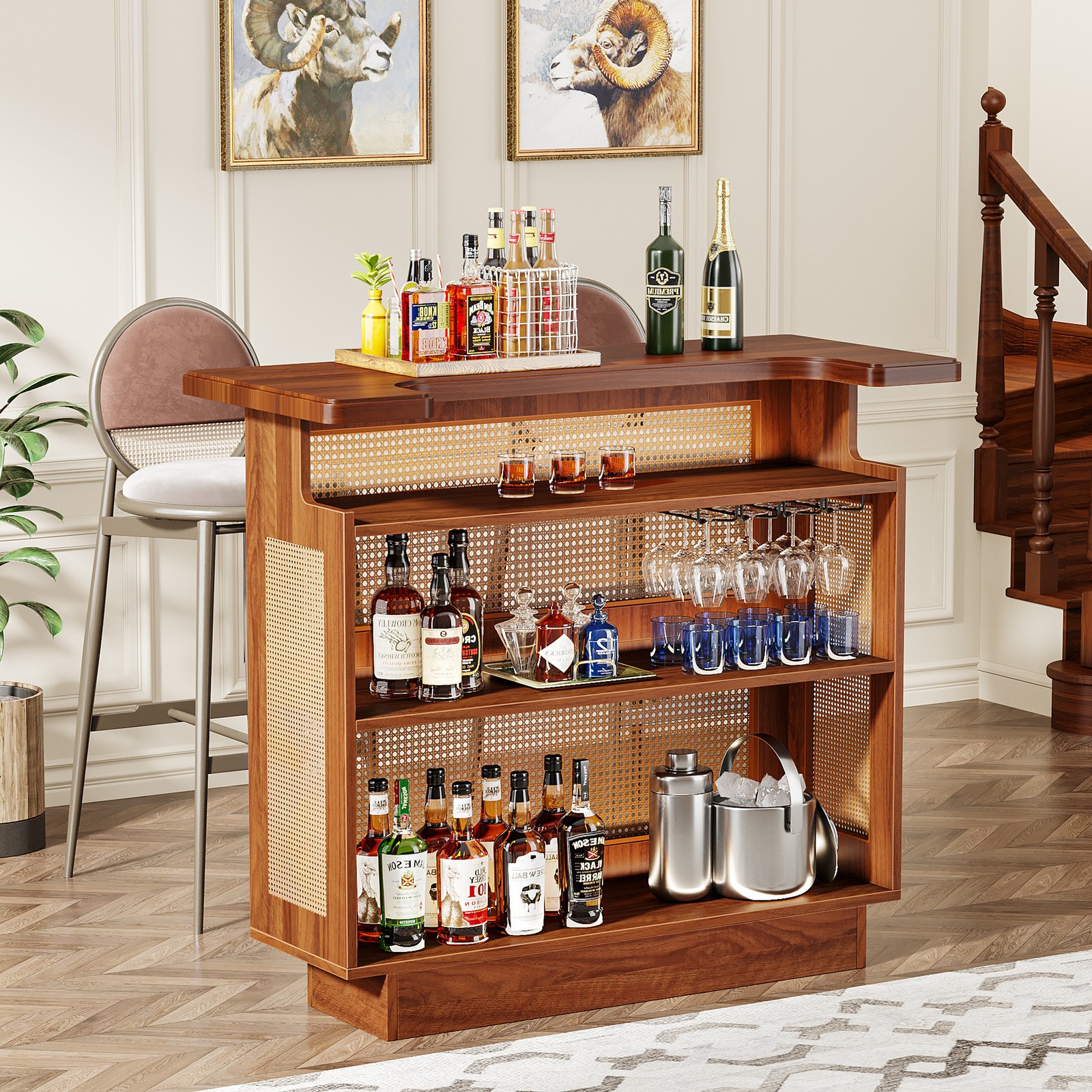 Home Bar Unit, 4-Tier Liquor Bar Table Mini Bar with Wine Racks and Glass Holder