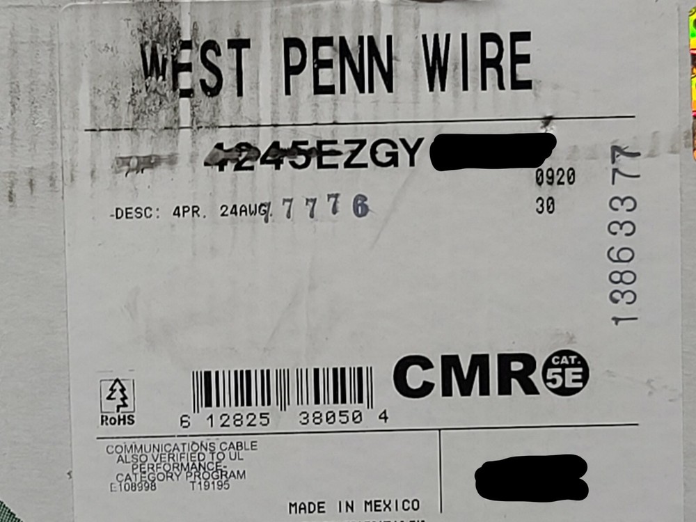 West Penn Wire 4245 24/4P CAT5E U/UTP Network Ethernet Cable Riser Gray /100ft