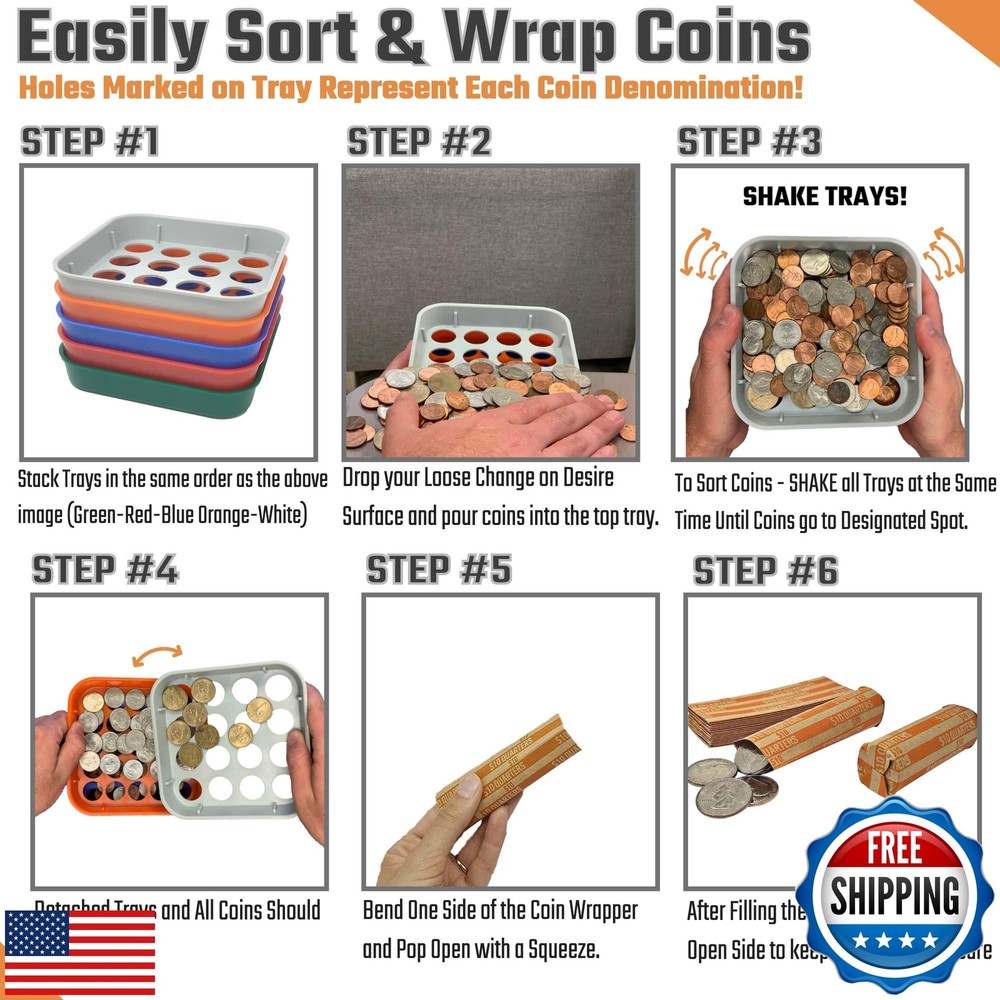 Coin Sorting Tray and Coin Separator- 5 Color-Coded Change Sorter Tray Bundle