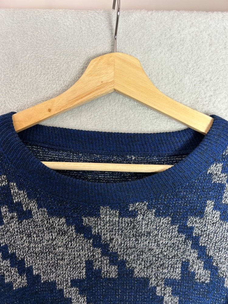 Unbranded, Men's Blue + Grey Patterned Round Neck Pullover Jumper, One Size