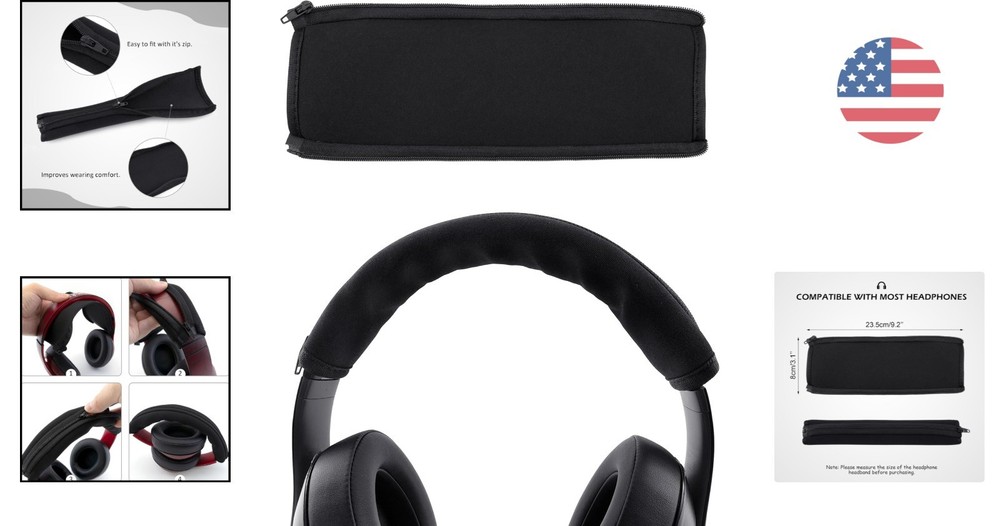 Versatile Black Headphone Headband Protector with Zipper - Easy Care Solution