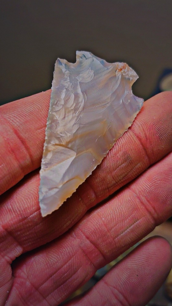 Flintknapped Laced Agate Unique Corner Notch Arrowhead, Extremely Beautiful