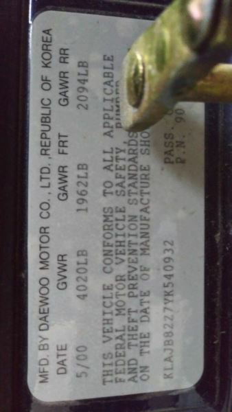00-02 Daewoo Nubira Overhead Console
