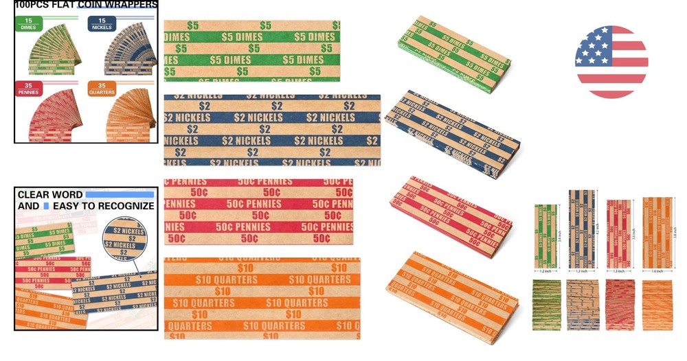 100 pcs Assorted Packed Flat Stripped Coin Wrappers, Coin Rolls Wrapper for Q...