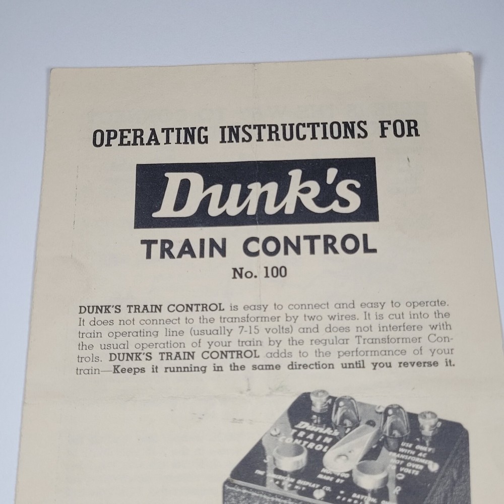 Dunks Train Control no. 100 Operating Instructions Vintage Made in USA