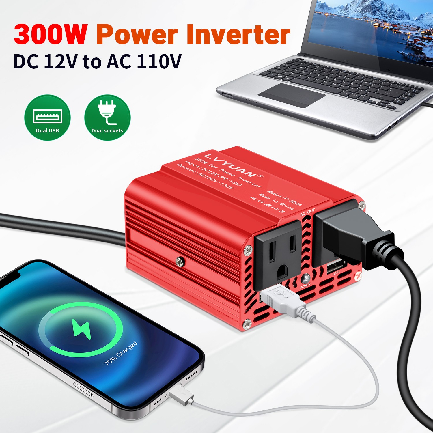 300W Power Inverter DC 12V to 120V AC Car Adapter with 2USB 2AC Red for Laptop