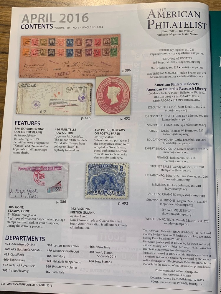 American Philatelist Magazine 2016, April