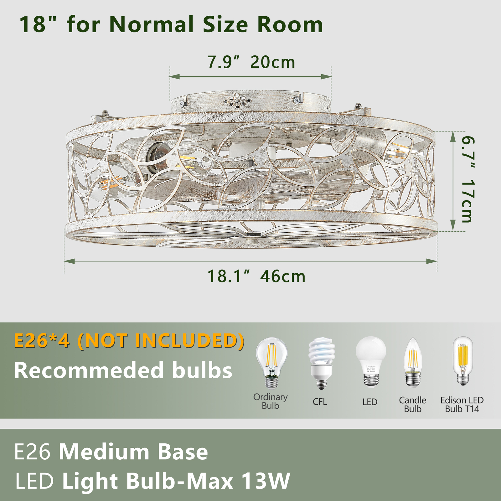 18" White Caged Ceiling Fan Light Farmhouse Flush Mount with Remote Control kit