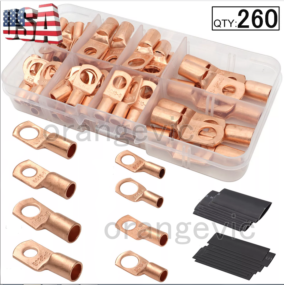 260PC Heavy Duty Wire Lugs Battery Cable Tinned Copper Eyelets SC Ring Terminals
