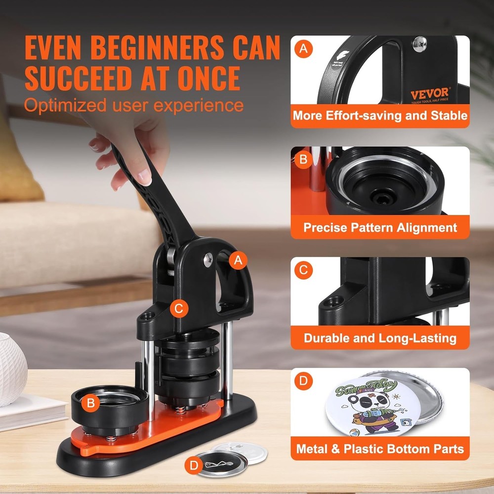 VEVOR Button Maker Machine, 2.25 2.25'' + 100 pcs, Black+Orange