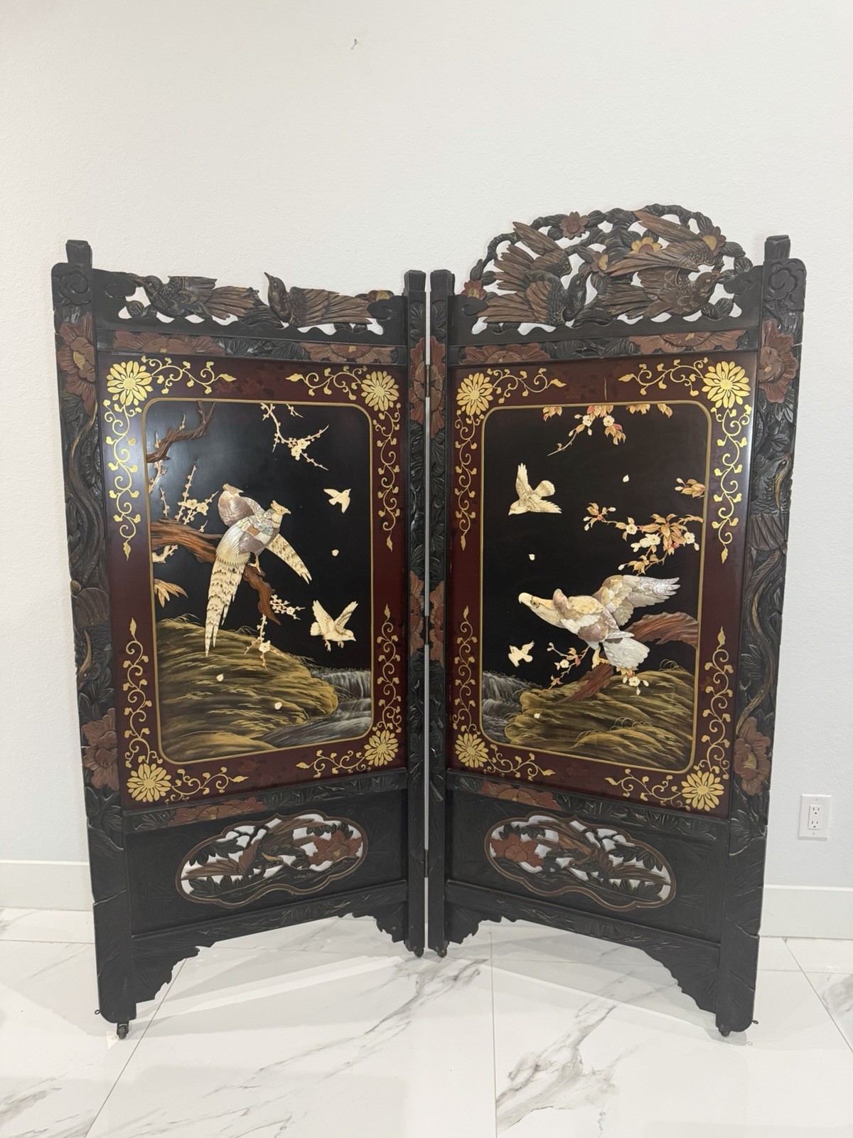 Asian Style Hand Painted Carved Wood Room Divider Birds & Flowers