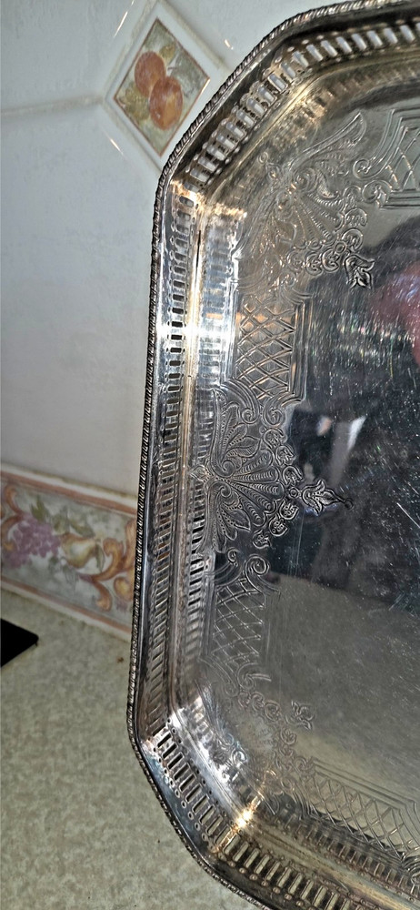 Vintage Heavy Sheffield Silver Plate Galleried Rectangular Footed TRAY Chased