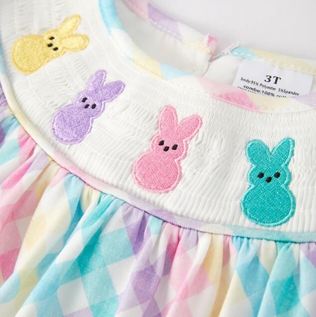 NEW Boutique Peeps Easter Bunny Rabbit Girls Smocked Embroidered Dress