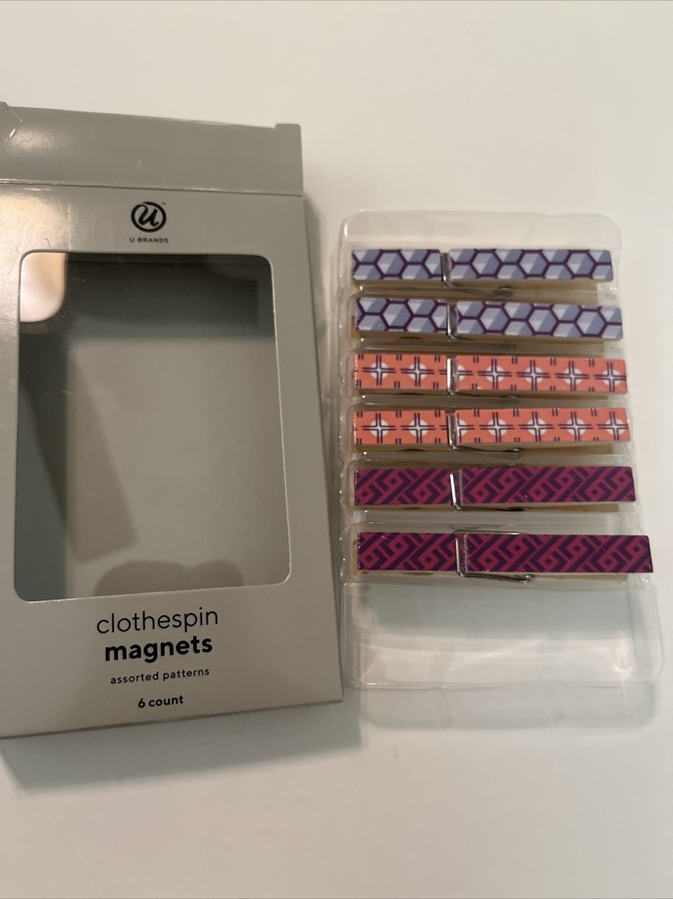 U Brands Assorted Retro Patterns Clothespin Magnets 6 Count New