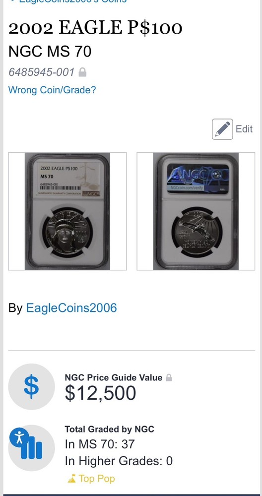 2002 $100 MS70 American Platinum Eagle NGC