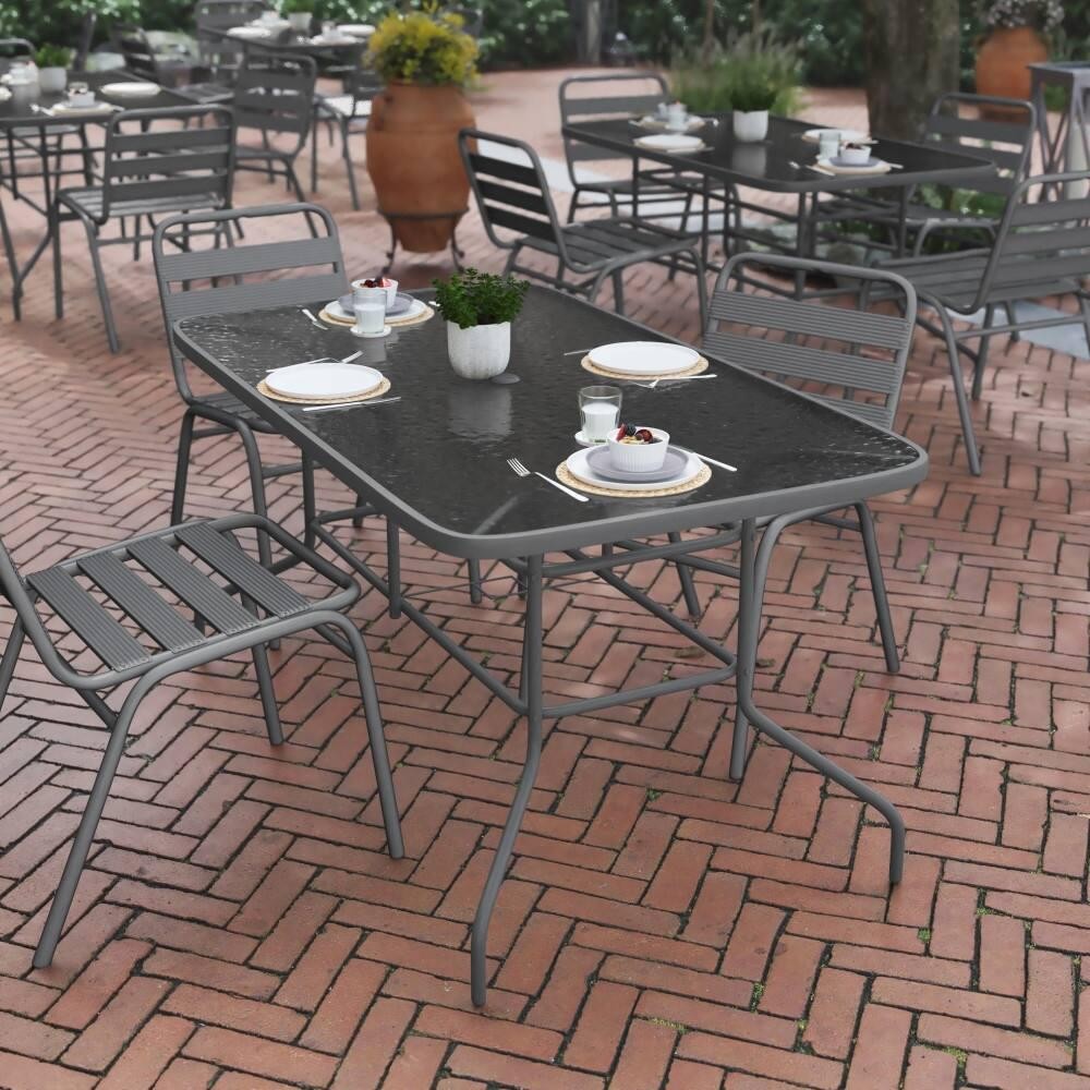 Rectangular Glass Metal Patio Table With Umbrella Hole