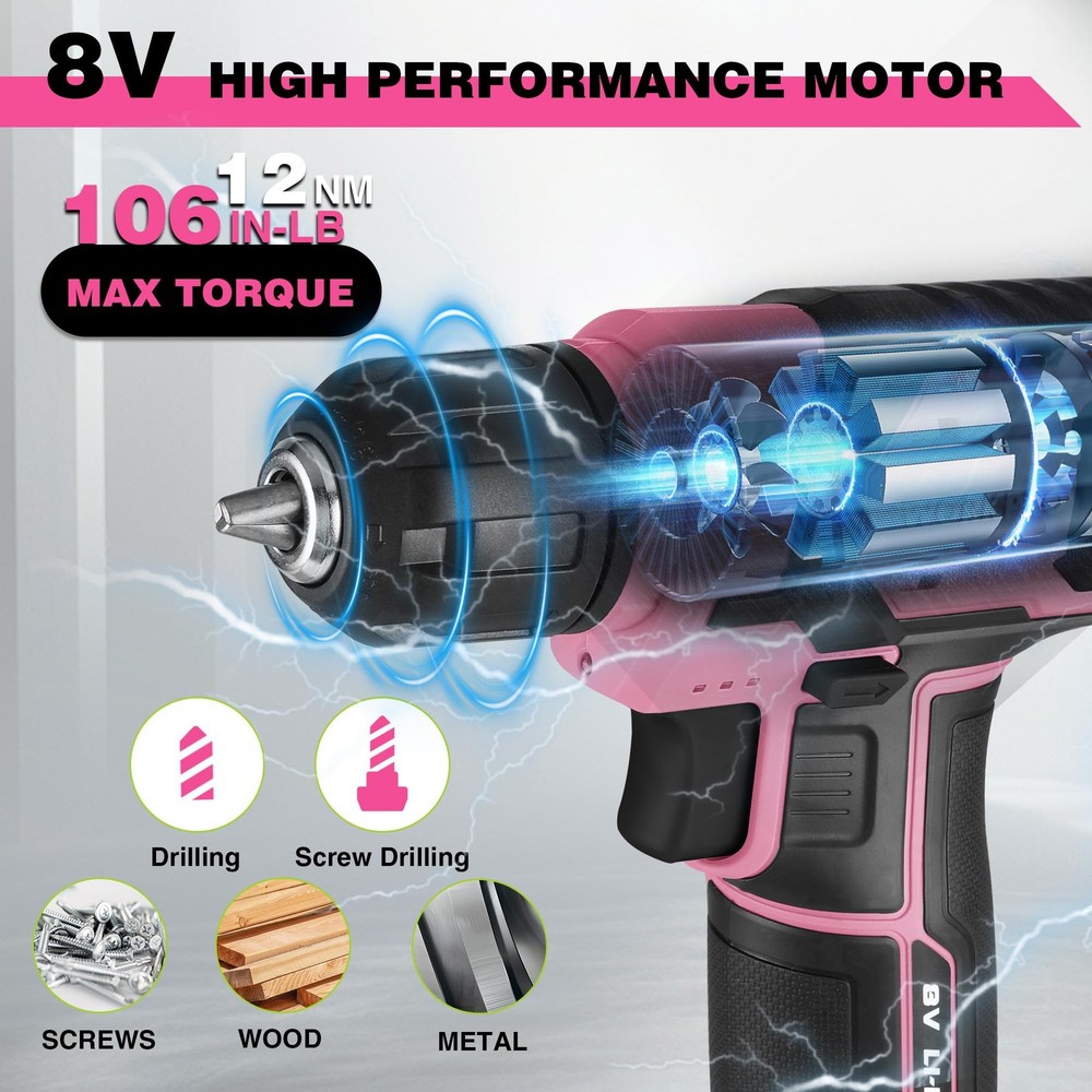 WORKPRO Pink Cordless Drill Set, 8V Impact Driver with 53PCS,