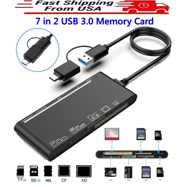 Multi Card Reader 7 in 1 USB C 3.0 5Gbps for SD CF Micro SD XD MS Memory Cards